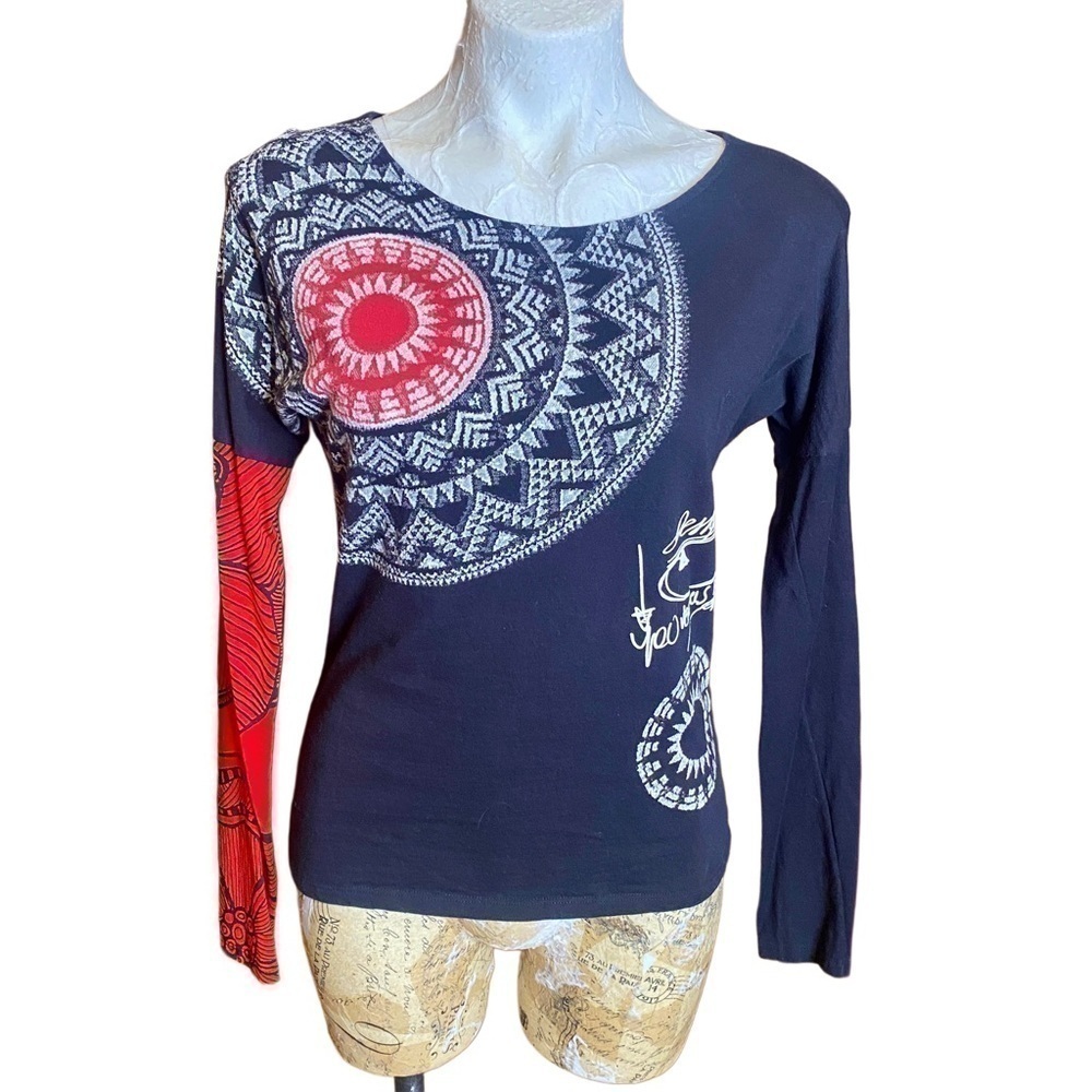 Desigual Floral Geometric Artsy Knit Green Print Long Sleeve Graphic Top Medium